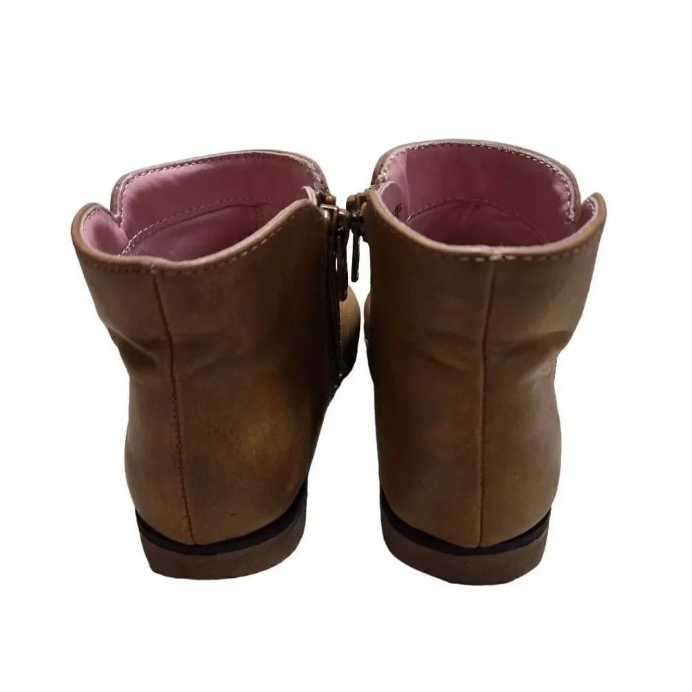 Cat & Jack Girls Size 10 Brown Cognac Zip-Up Ankle Boots Faux Leather